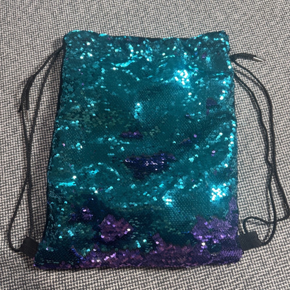 Teal Purple Flip Sequin Drawstring Backpack Mermaid Cinch Bag Black Faux Suede